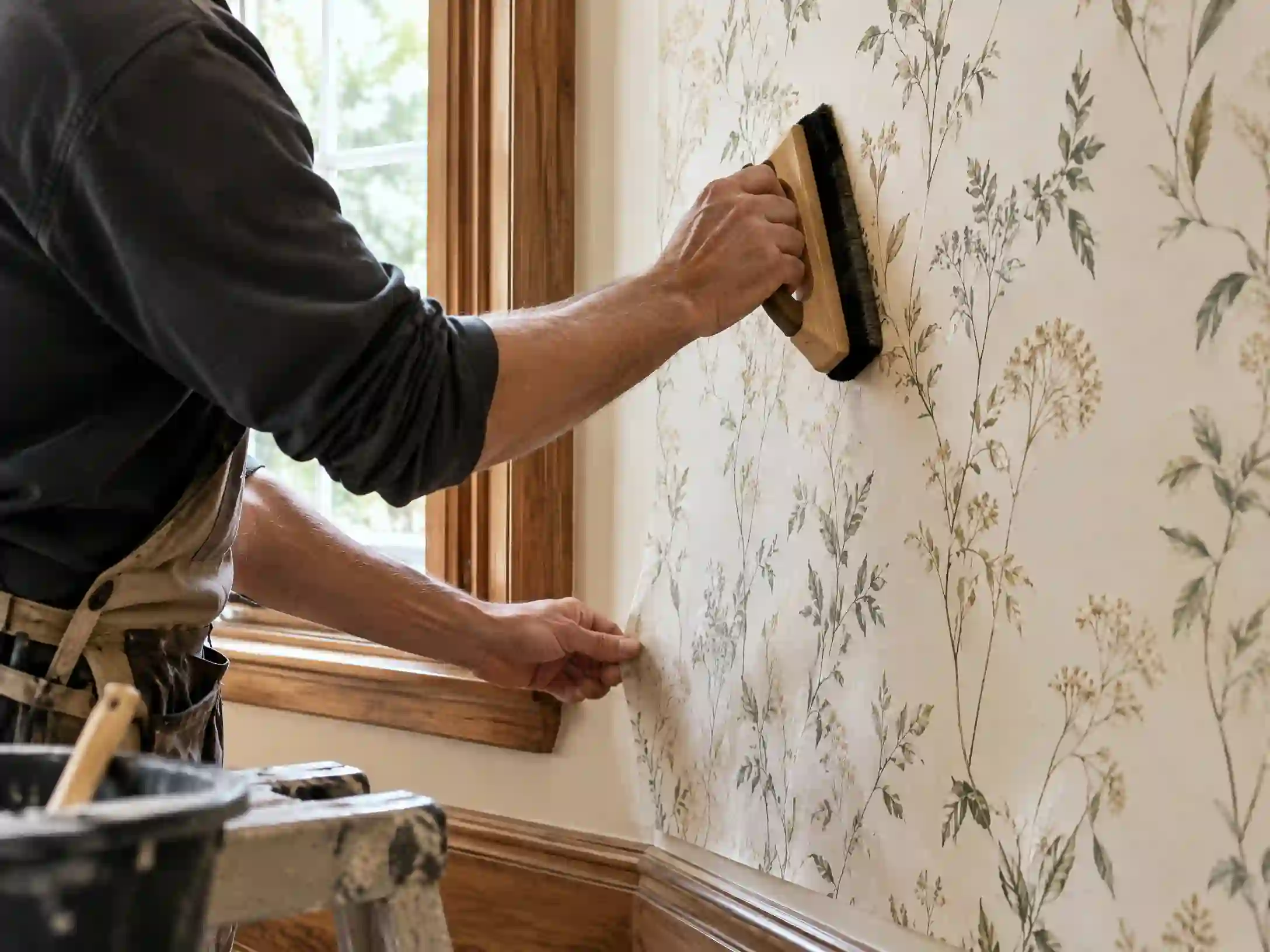 Professional wallpaper installer working on a corporate interior installation